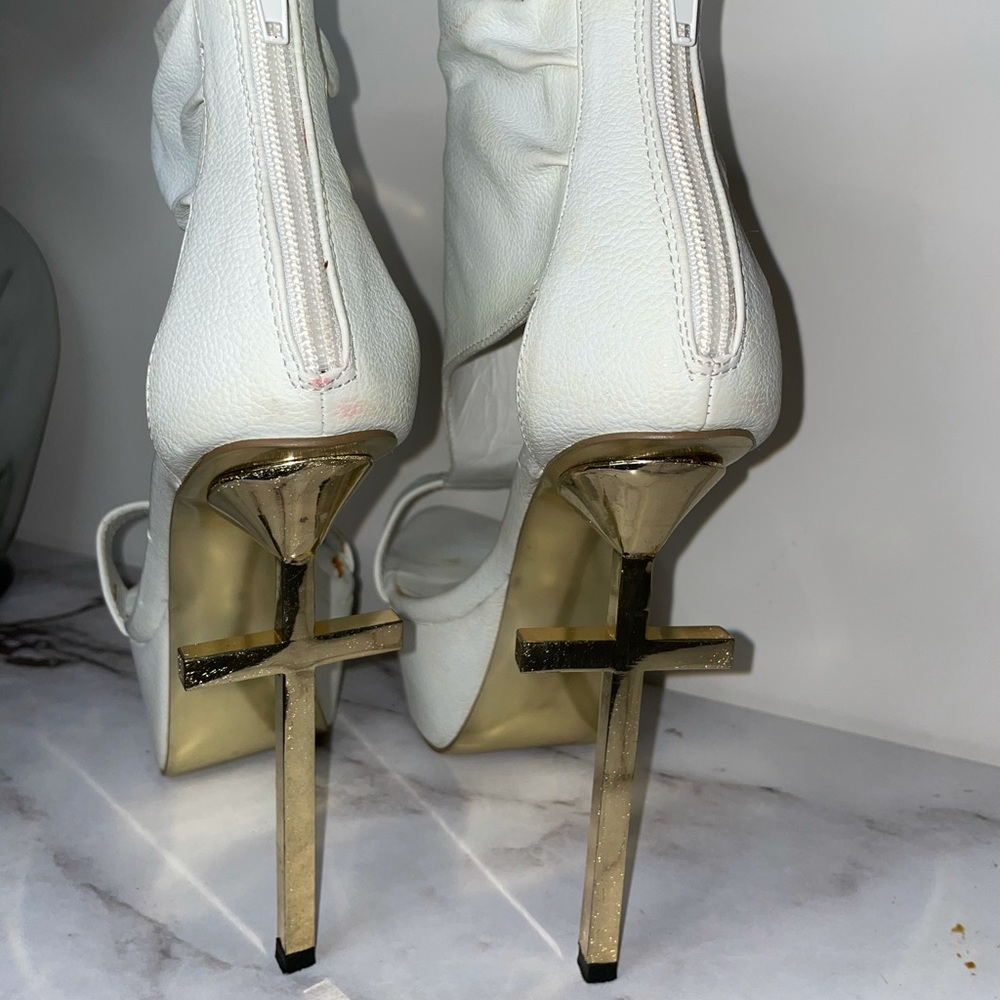 White and Gold metal cross heels